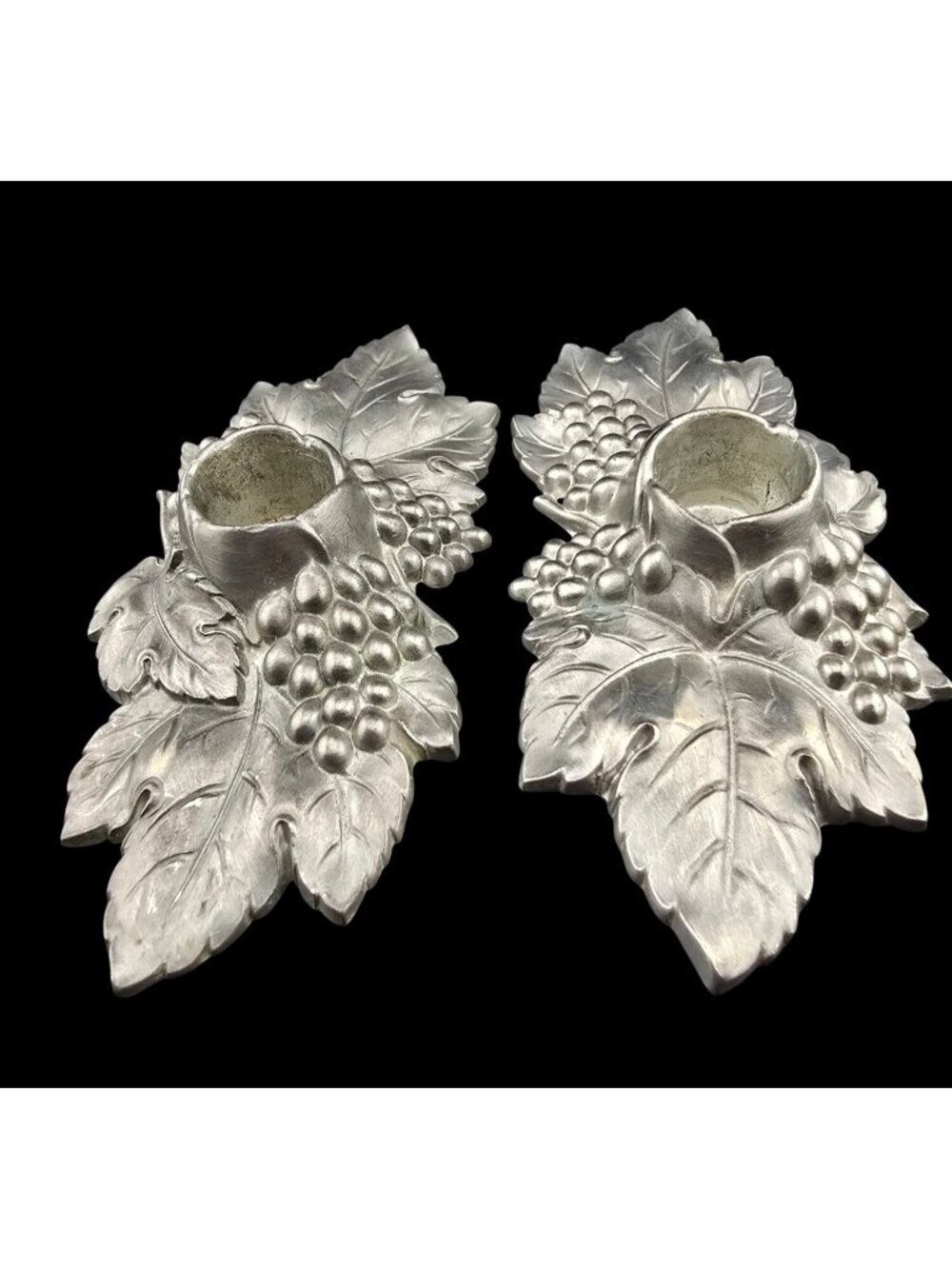 Pair Of Colonial Casting Pewter Grape Leaf Candle Holders Vintage Design